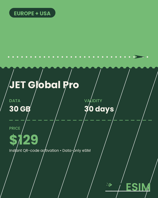 JET Global Pro Europe + USA eSIM plan card